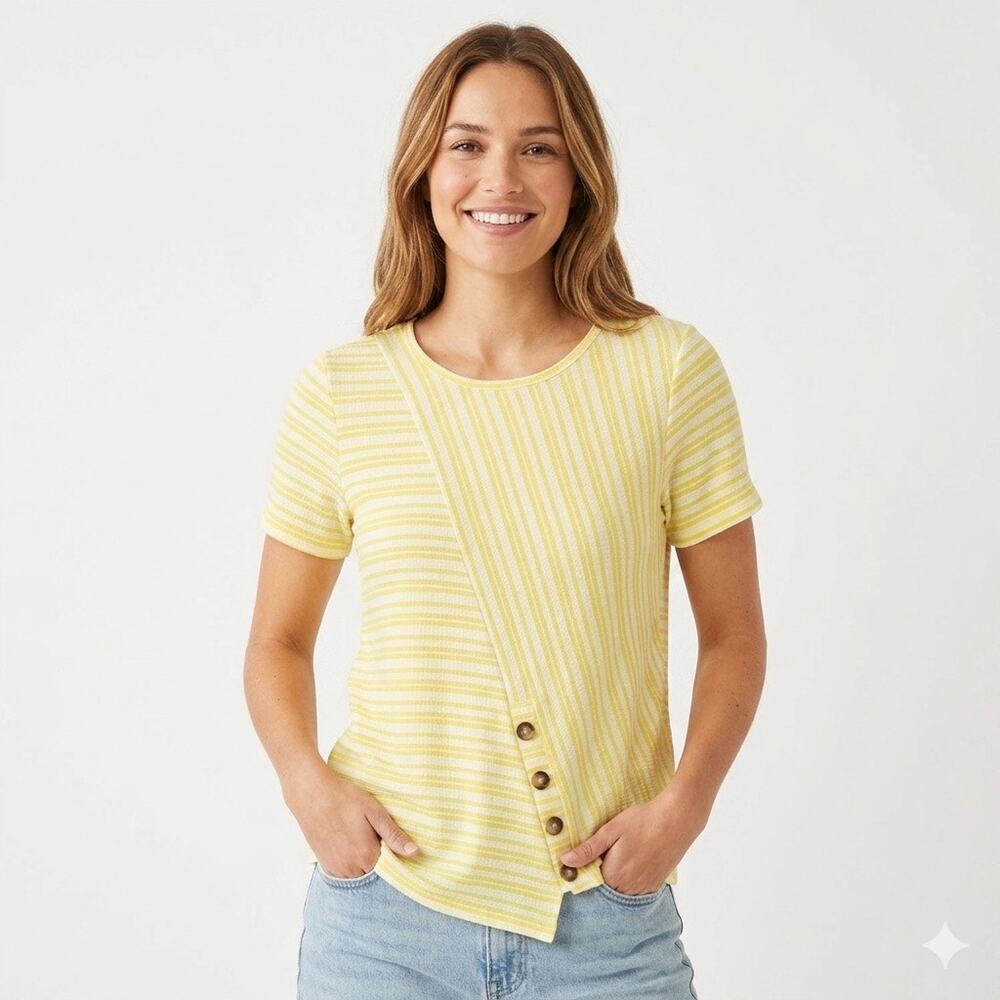 Como Vintage Womens Knit Top M Yellow Striped Short Sleeve Asymmetric Button Hem